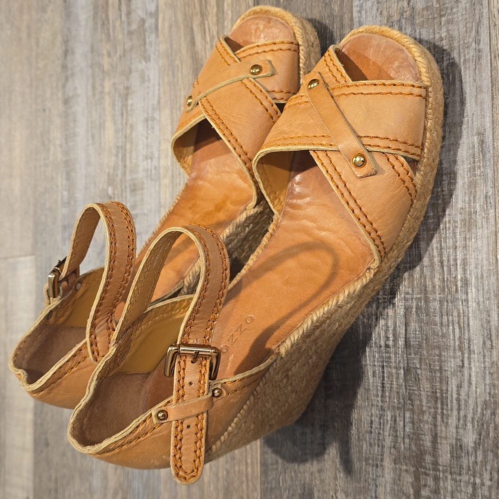 Apepazza Tan Suede‎ Espadrilles Leather Wedge Sandals Size 8.5
